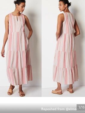 J. Jill Pink and White Striped Sleeveless Tiered Cotton Maxi Dress #cottage core